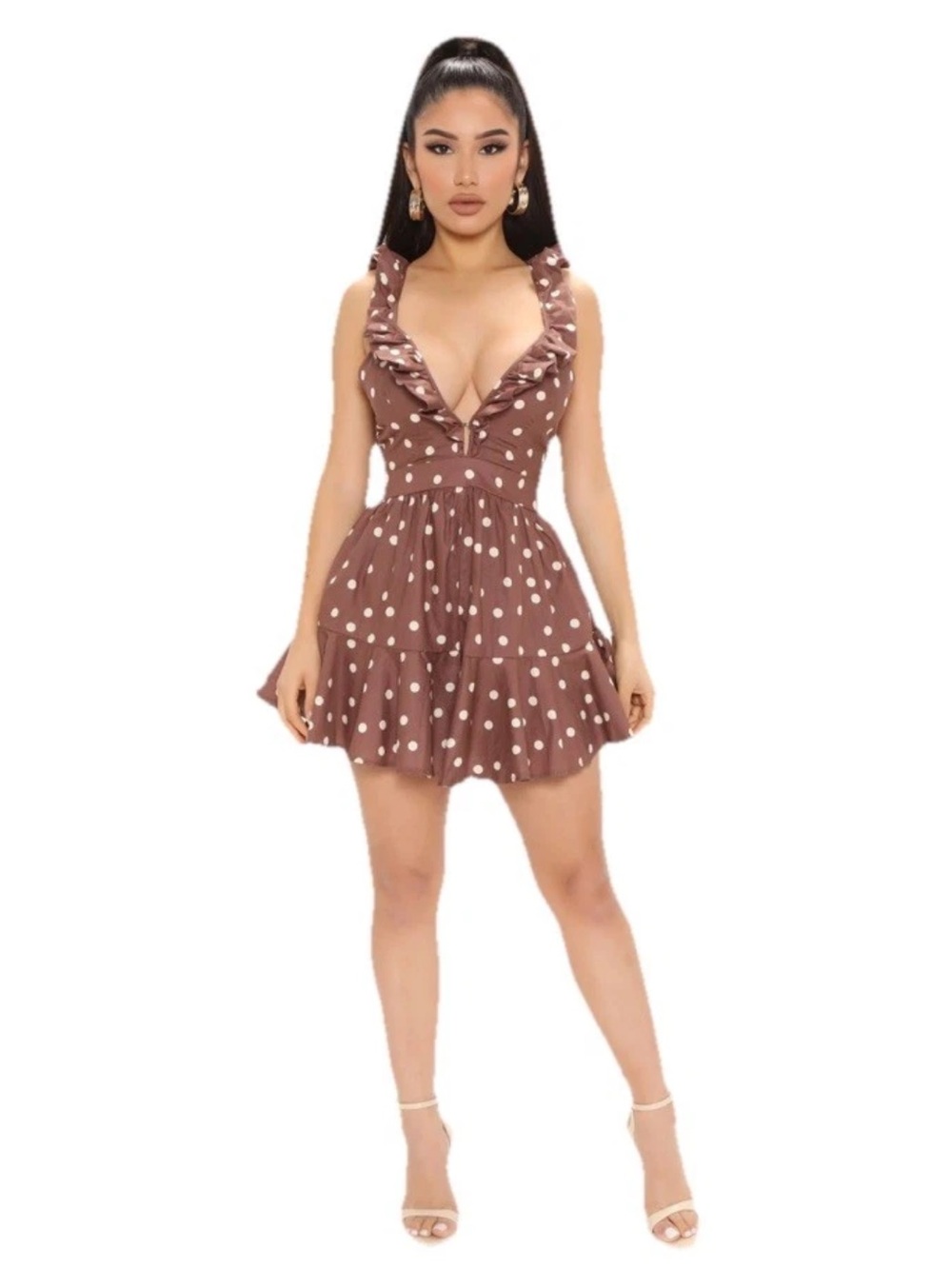 Fashion Nova Presley Brown Polka Dot Ruffle Romper Festival Boho Women’s NWT